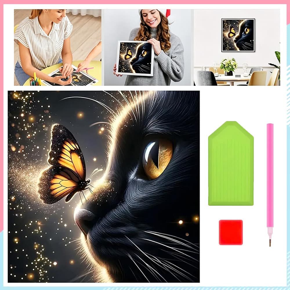 30 x 30 cm, Conjunto de pintura diamante 5D para crianças adultas Gato preto Pintura artística com diamante quadrados