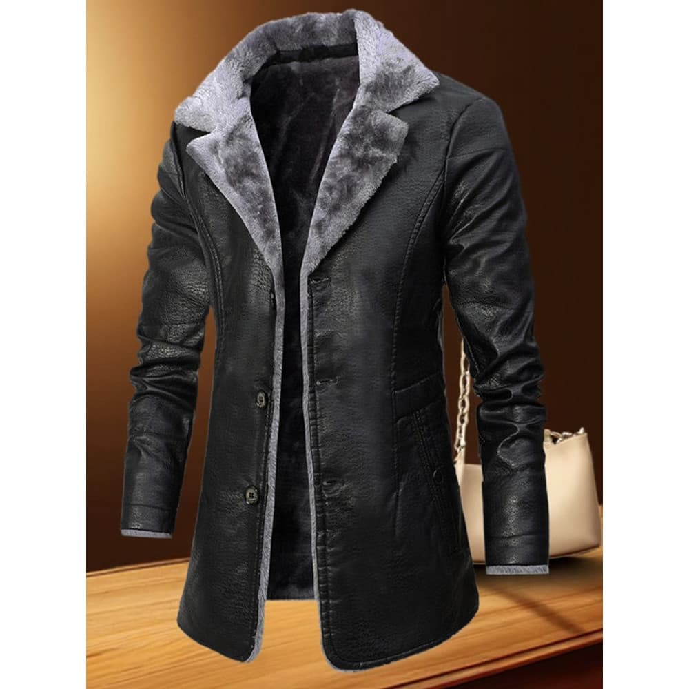 Forro de lã de inverno engrossado jaqueta de couro masculina de comprimento médio pele jaqueta de uma peça masculina neg