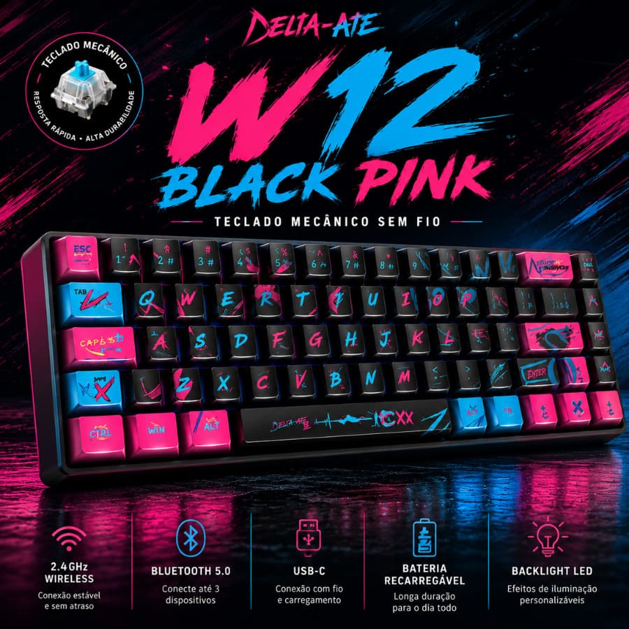 Teclado Mecânico Gamer 60% Sem Fio Rgb ABNT2  Switch Vermelho Hotswap Usb Jogos Português (W12 BLACKPINK)