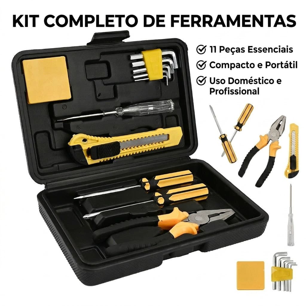 Kit de Ferramentas Completo 11 Peças Estojo Portátil Alicate Chaves e Estilete
