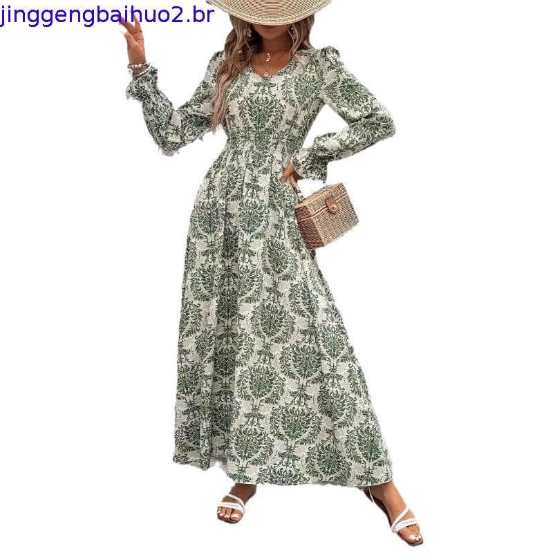 Moda Feminina Europeia e Americana 2026, Vestido Longo Estampado de Primavera, Decote em V, Manga Longa, Vestido Evasê 0