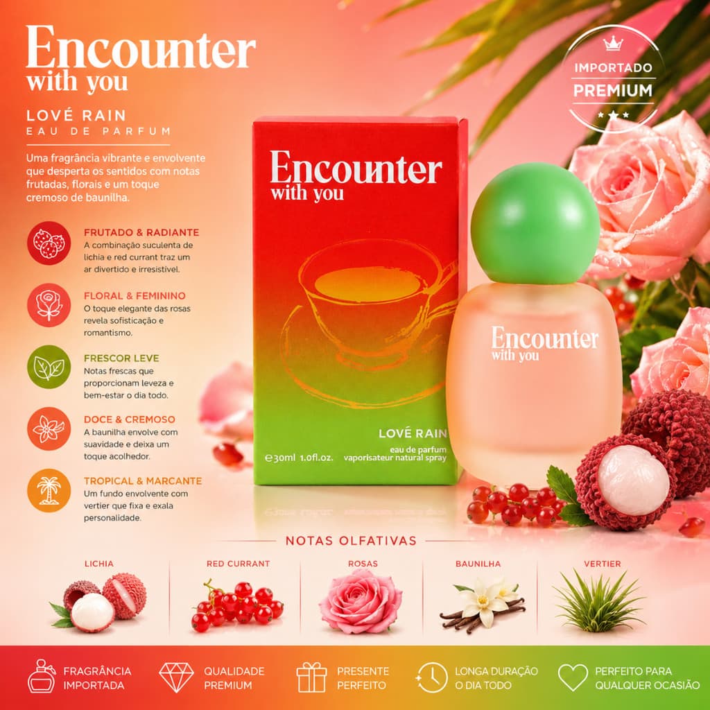 Perfume Feminino Importado Premium 30ml Lové Rain Lichia Rosas Baunilha Frutado Tropical Longa Duração Alta Fixação