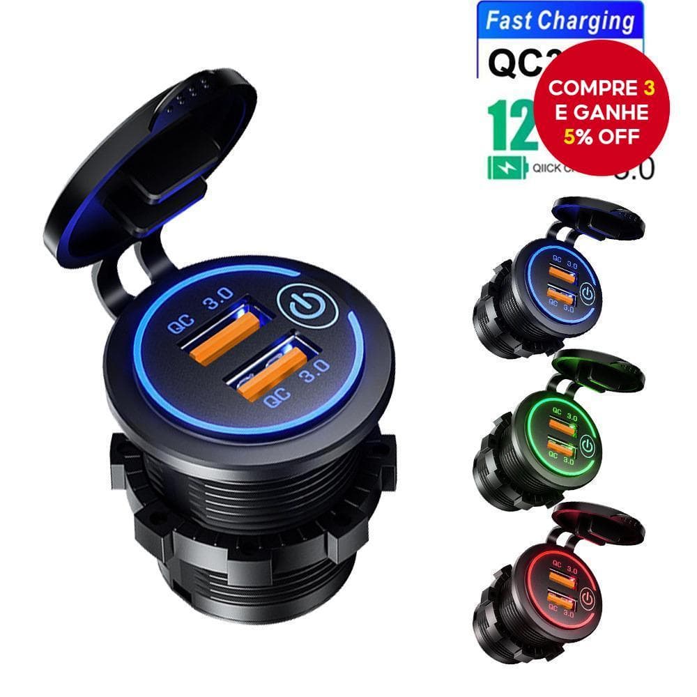 Carregador USB Dual QC 3.0 à prova d'água para moto 12/24V, com soquete de carga rápida e interruptor.