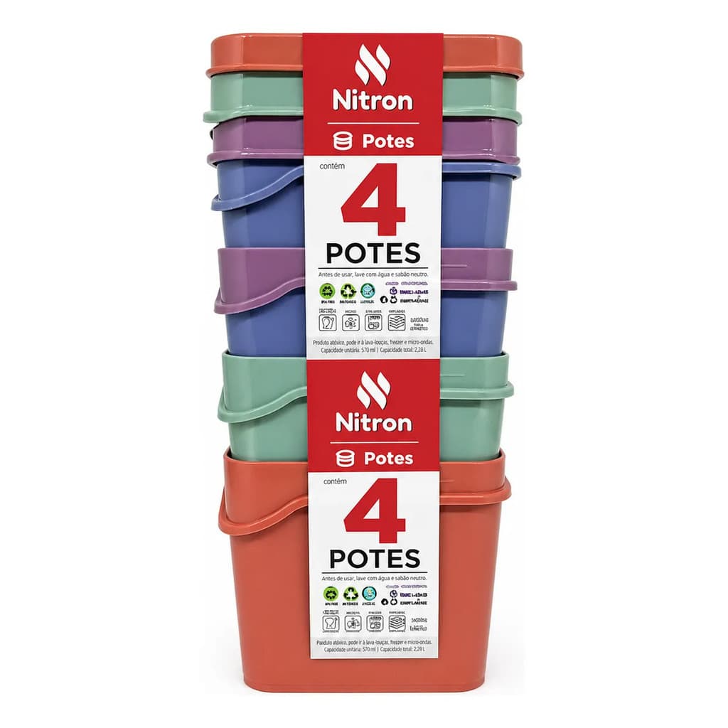 Kit 4 Potes Plásticos 250ml Coloridos Com Tampa Multiuso Organizador Geladeira Cozinha 