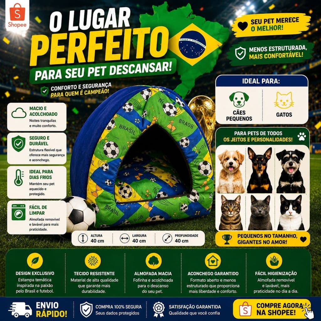 Caminha Pet Futebol Brasil para Gatos e Cachorros Toca Super Macia casinha Iglu