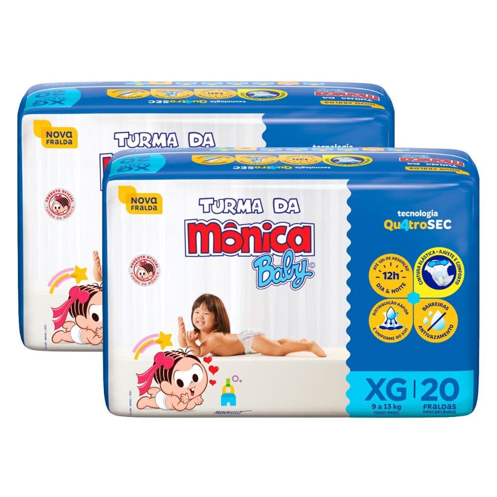 Kit 2 Fralda Turma da Mônica Baby Jumbo Tamanho XG 20 Unidades Descartáveis