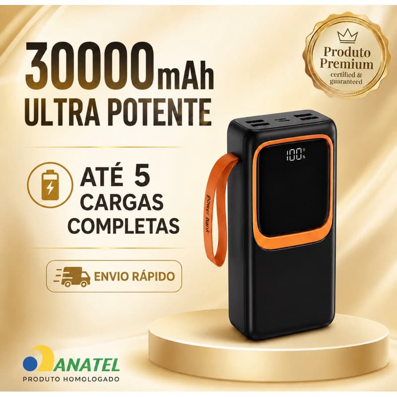 Carregador Portátil 30000mAh Power Bank 66W Turbo Rápido Universal Celulares iPhone Android e Tablet - Envio Imediato
