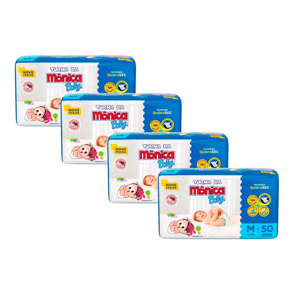 Kit 4 Fralda Infantil Turma da Mônica Baby Mega Tamanho M 50 Fraldas Descartáveis