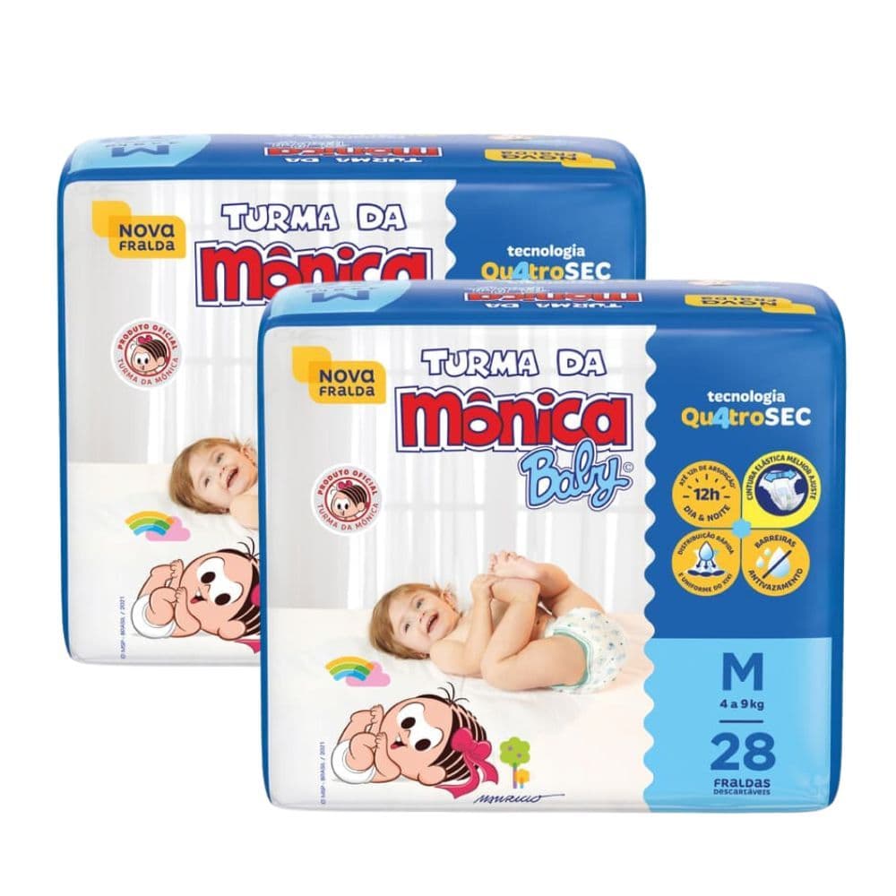 Kit 2 Fralda Infantil Turma da Mônica Baby Jumbo Tamanho M 28 Fraldas Descartáveis