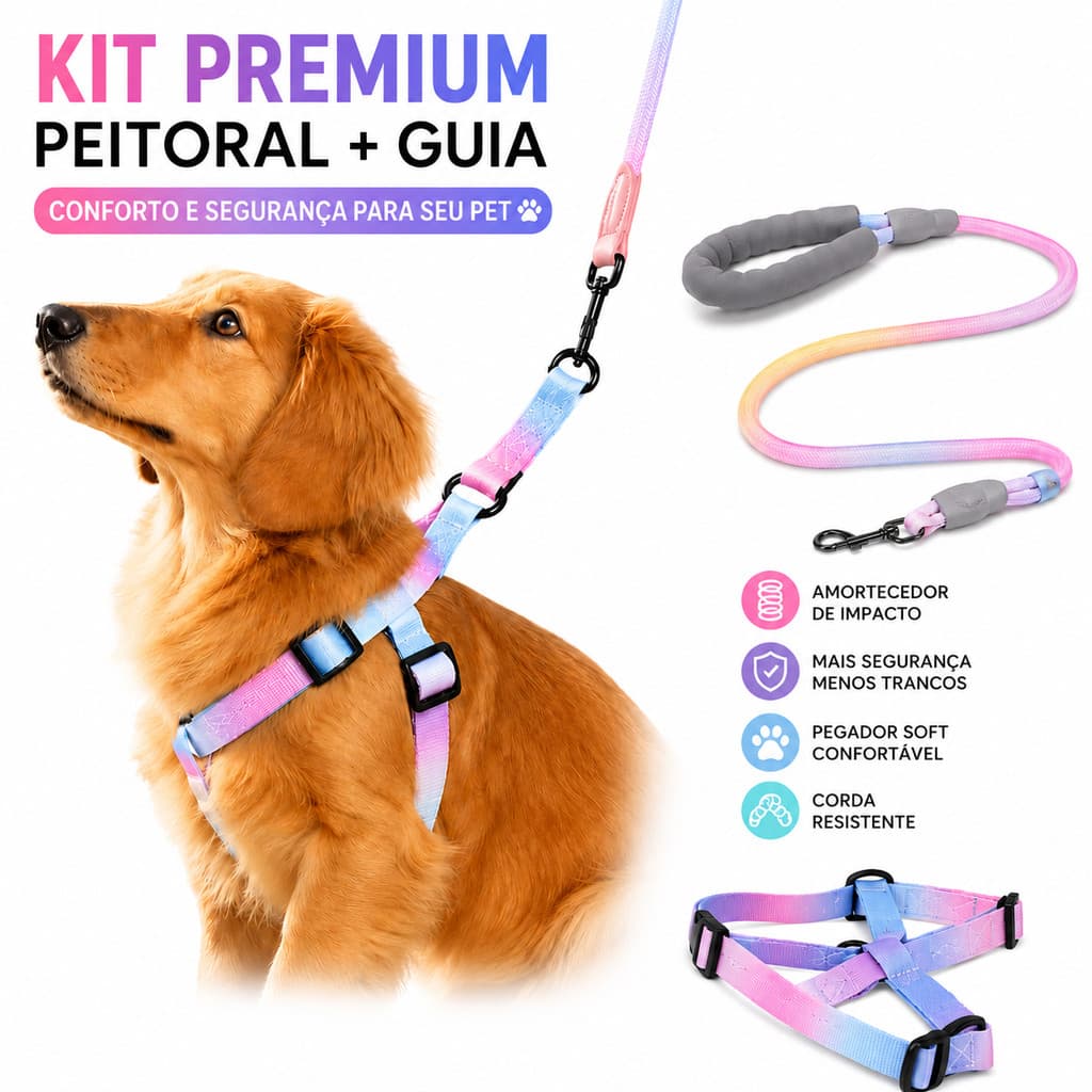 Peitoral Americano Ajustável + Guia Degradê Pet Cachorro Gato com Amortecedor Confortável