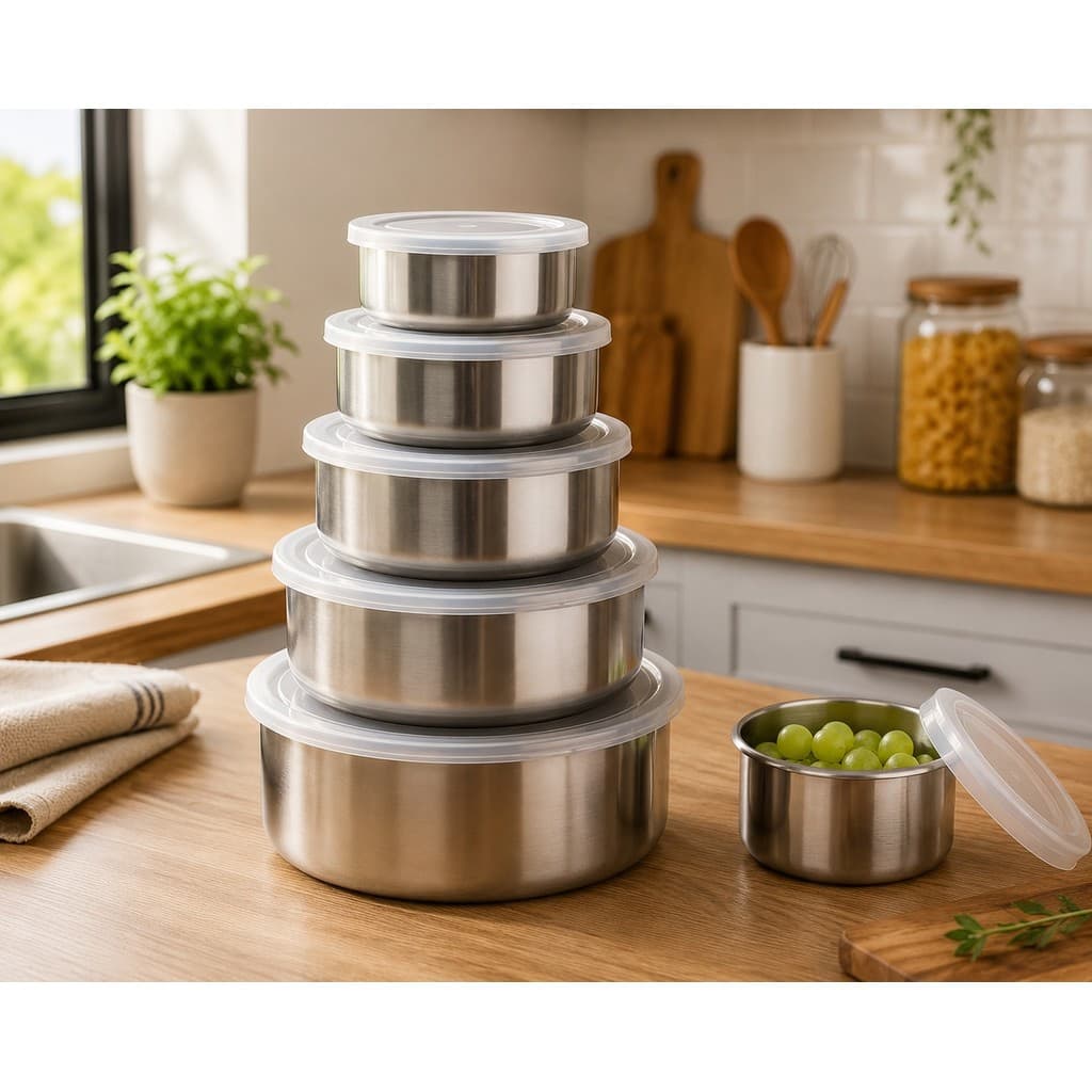 Conjunto 5 Potes Inox Com Tampa Organizador Mantimentos Cozinha Hermético Presente Multiuso
