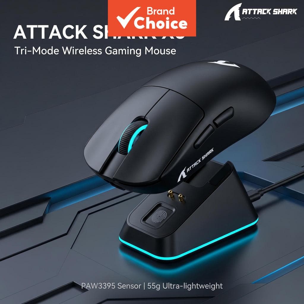 Mouse Gamer Sem Fio Attack Shark X6, 3 Modos (Com Fio/2.4G/BT5.2), Ultra-Leve 55g, Dock de Carregamento Magnético,