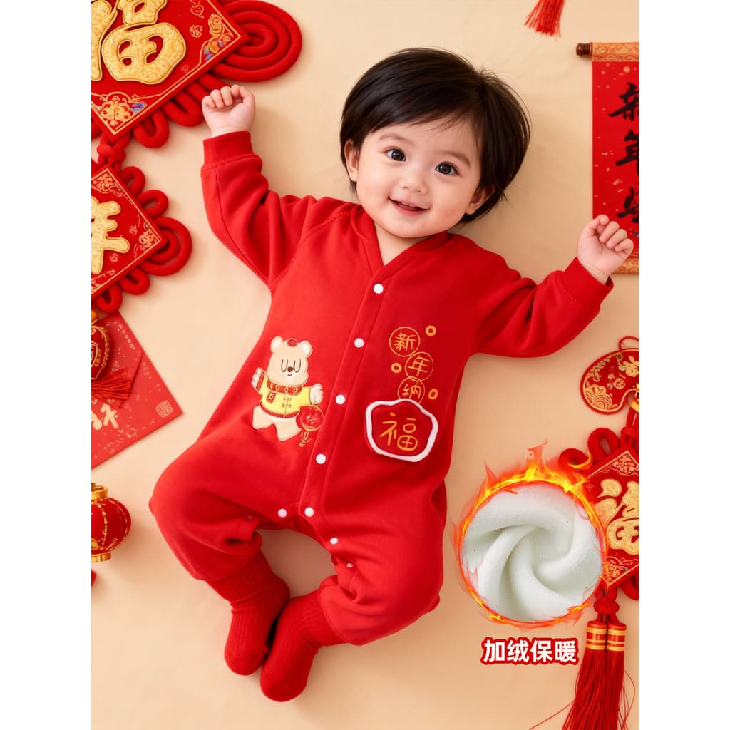 Roupas de ano novo bebê menina menino vermelho pequeno mês idade roupas festivas bebê forro de lã de uma peça estilo 202