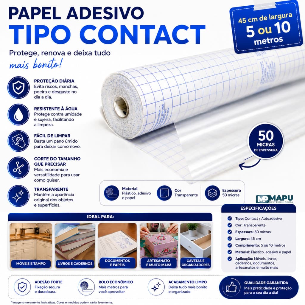 Papel Adesivo Tipo Contact Cristal Transparente 45cm x 5 ou 10 Metros
