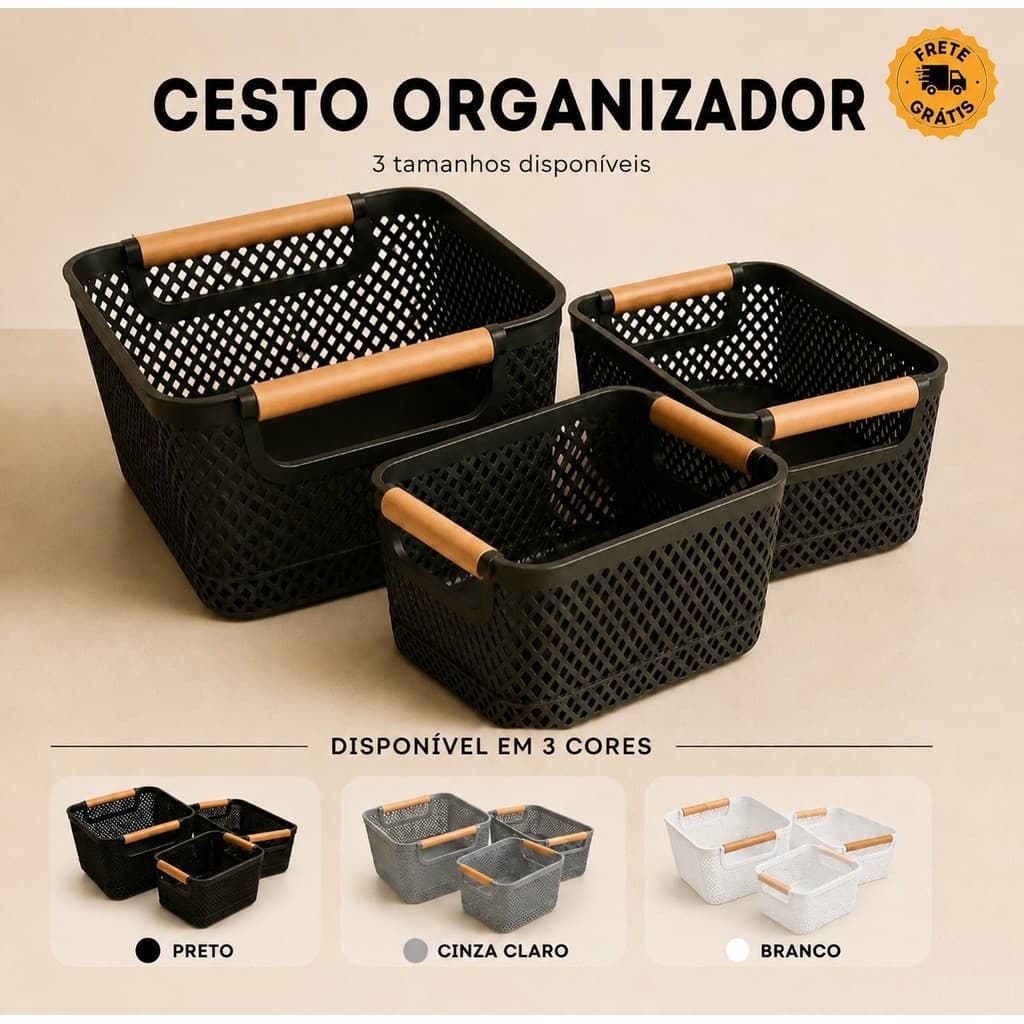 Cesto Organizador Decorativo com Alça de Bambu Multiuso de Plástico Cozinha Quarto Banheiro Escritório