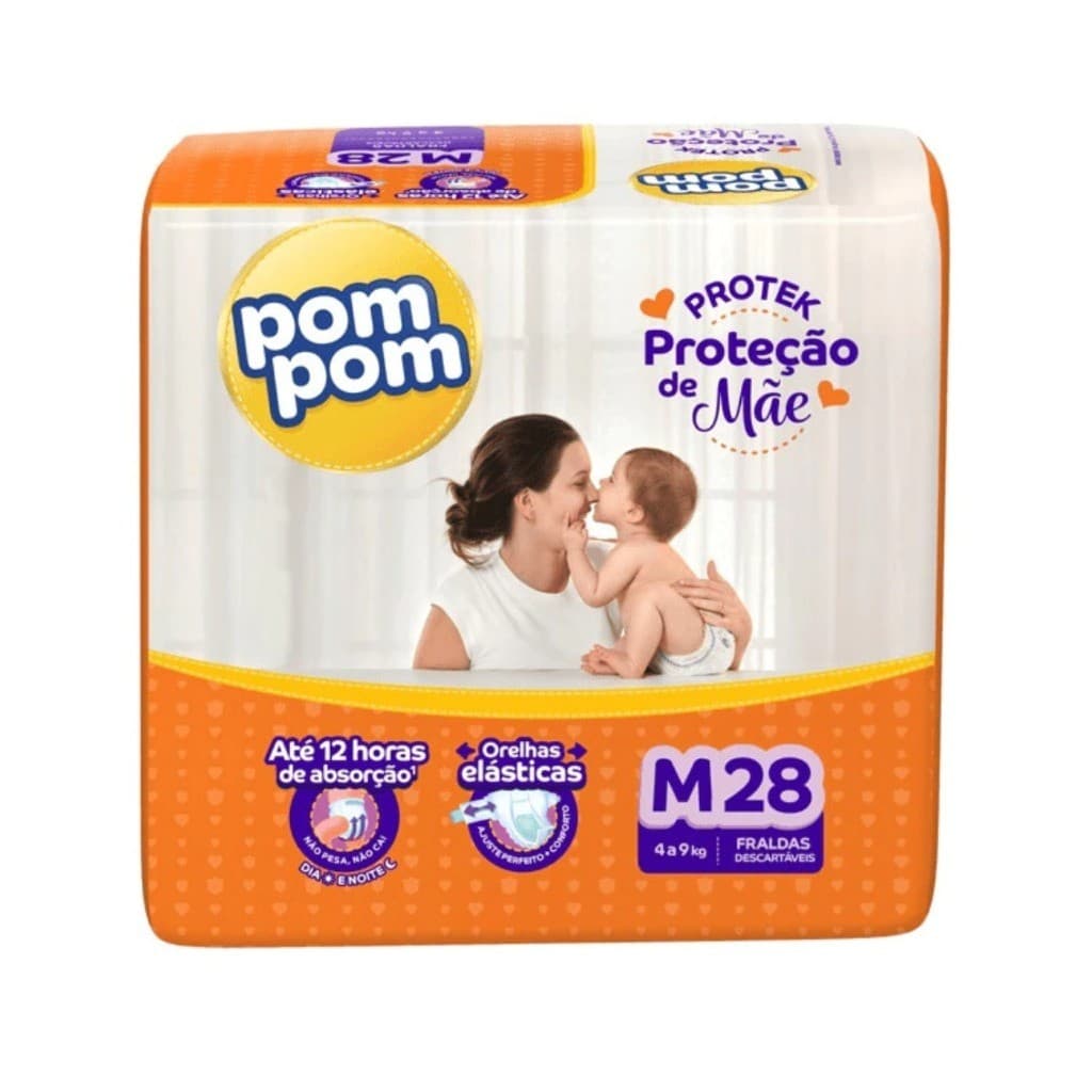 Fralda Descartável PomPom Derma Protek | Tamanho M | 28 unidades | 4–9 kg | Alta Absorção até 12h