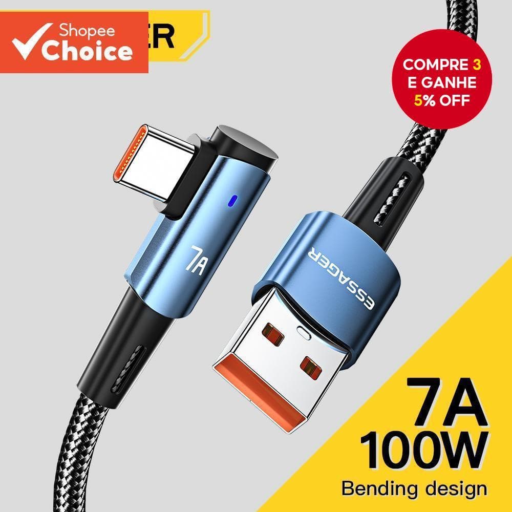 Essager 7A Cabo USB Tipo C 90 Graus Para OPPO 100W De Charing Rápido Honor Huawei Oneplus Realme Carregador Angular Fio 