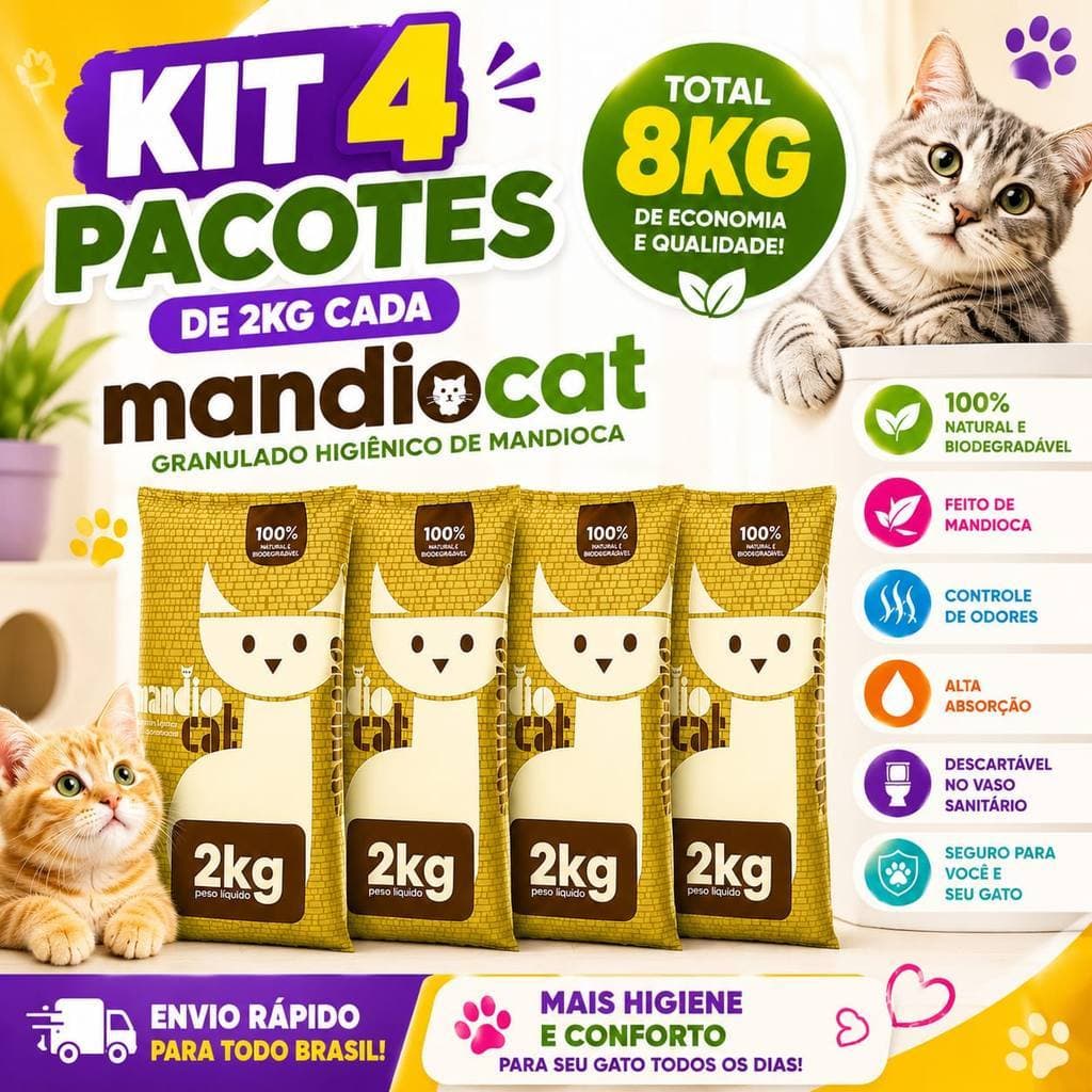 Kit 4 Areia MandioCat 8kg Sanitária Pet Gato Zero Odor Higiênica Biodegradável e 100% Natural - Envio Rápido