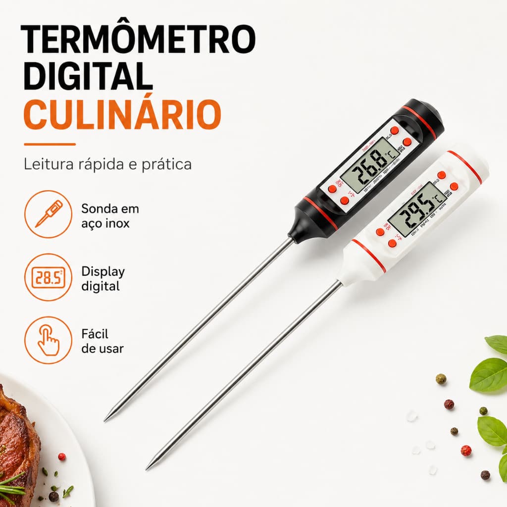 Termômetro Digital Culinário Espeto Cozinha Carne Churrasco Óleo Leite Preto Branco