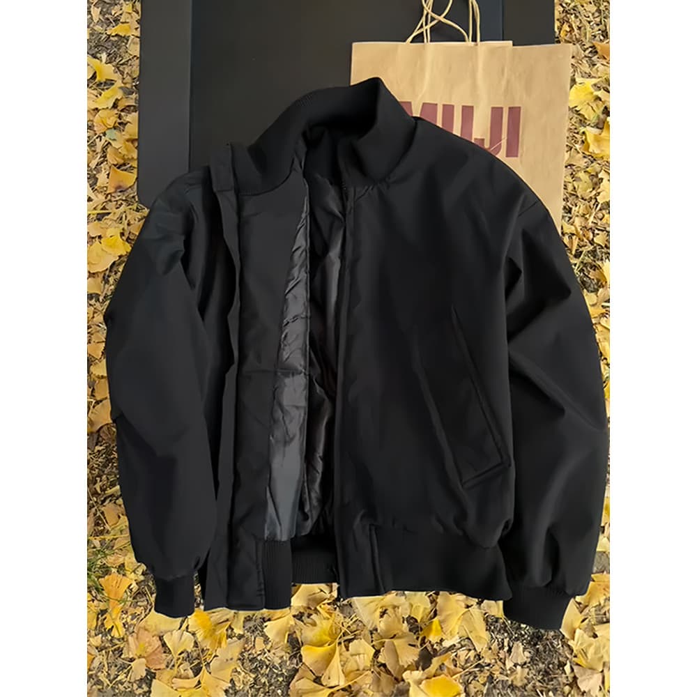 Jaqueta bomber bomber bomber preta acolchoada, jaqueta masculina de inverno espessada com gola alta acolchoada, jaqueta 