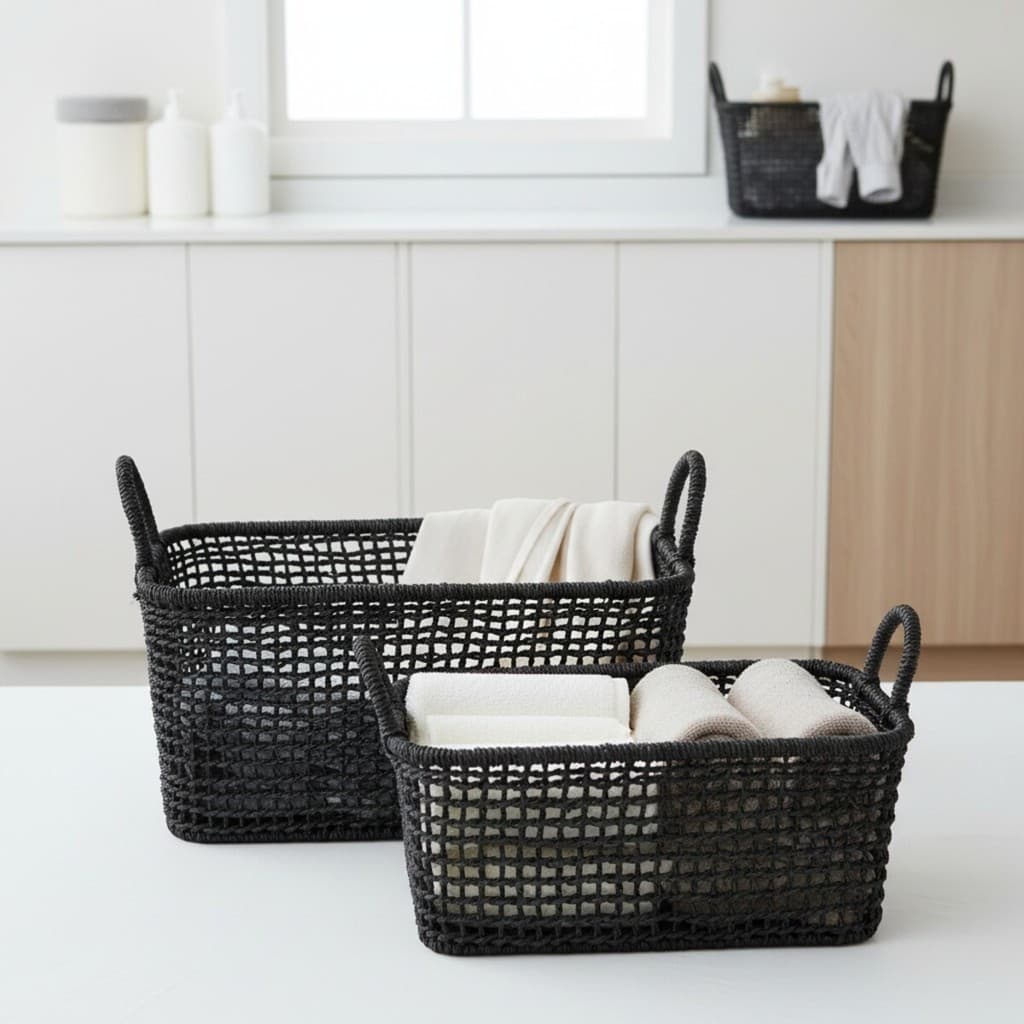 Kit 2 Cesto Organizador Preto Rattan Vazado para Sala Banheiro