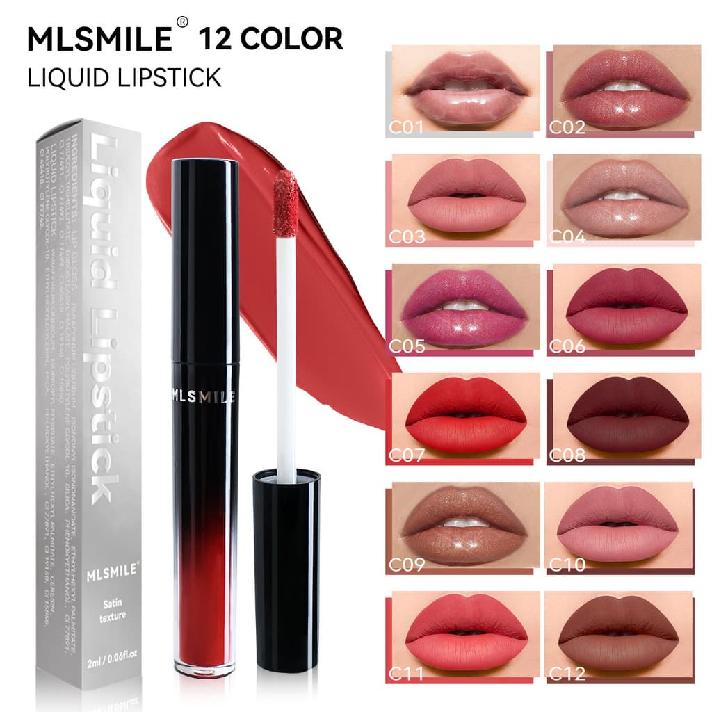 MLSMILE12 Cores Matte Matte Batom Líquido Antiaderente Copo Lip Glaze Perolado Lip Gloss Lip Gloss