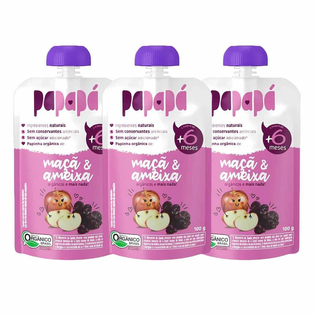 Kit Papinha Infantil Orgânica Maçã e Ameixa Papapá Sem Açúcar - 3 Unidades 100g