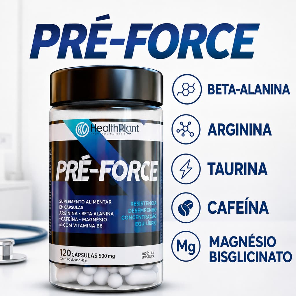 Suplemento Alimentar Pré Force 500mg | Arginina Cafeína Beta Alanina Taurina Magnésio | O Seu Pré-treino