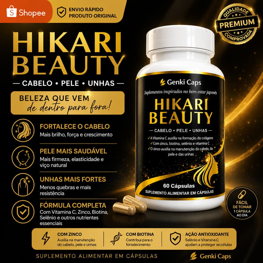 Vitamina Capilar Unhas Pele Hikari Beauty 60 Cápsulas Suplemento Contra Queda De Cabelo Vitamina C Para o Rosto Biotina