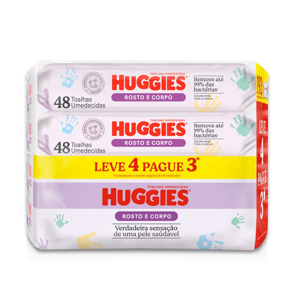 Kit com 04 Pacotes de Lenços Umedecidos Huggies Corpo e Rosto (total 192 un de lenço)