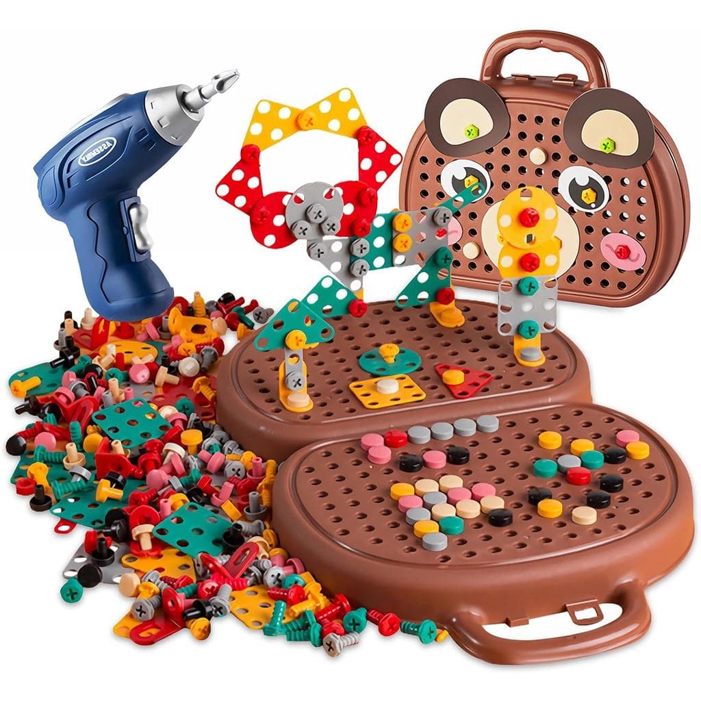 Caixa de Ferramentas Mágica Montessori com Furadeira, 203 Peças, Tema Urso, Caixa de Ferramentas Criativa 2D/3D, Brinque