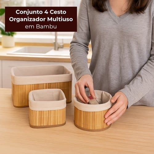 Conjunto Organizador Cestos Multiuso Bambu Natural 4 Pecas Sala Cozinha Banheiro