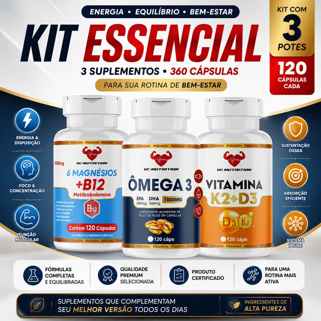 Kit Suplementos Ômega 3 EPA DHA Vitamina D3 K2 MK7 Magnésio B12 Metilcobalamina 120 Cápsulas VC Nutrition