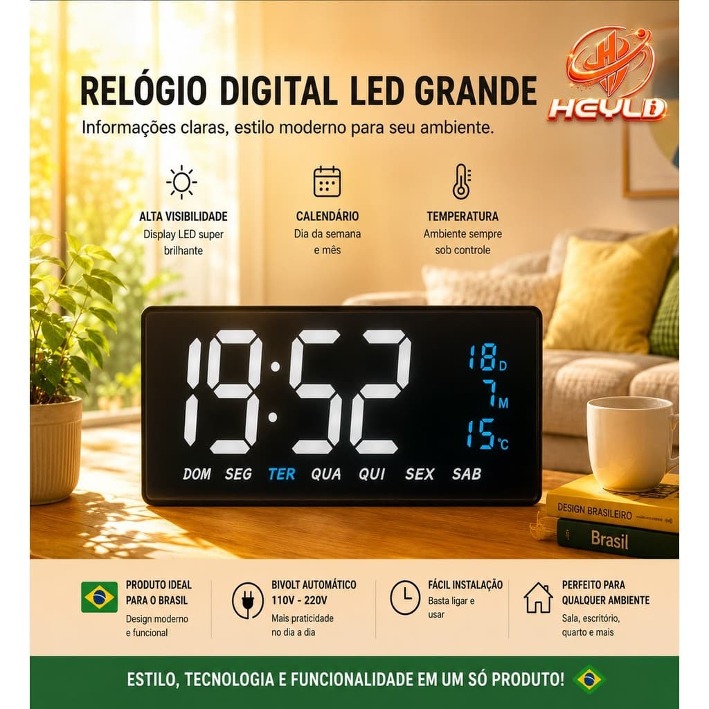 Relógio de Parede Digital Grande LED de Mesa 2 Cores Simultâneas  36*3*16cm c/ Termômetro Data p/ Academia Escritório