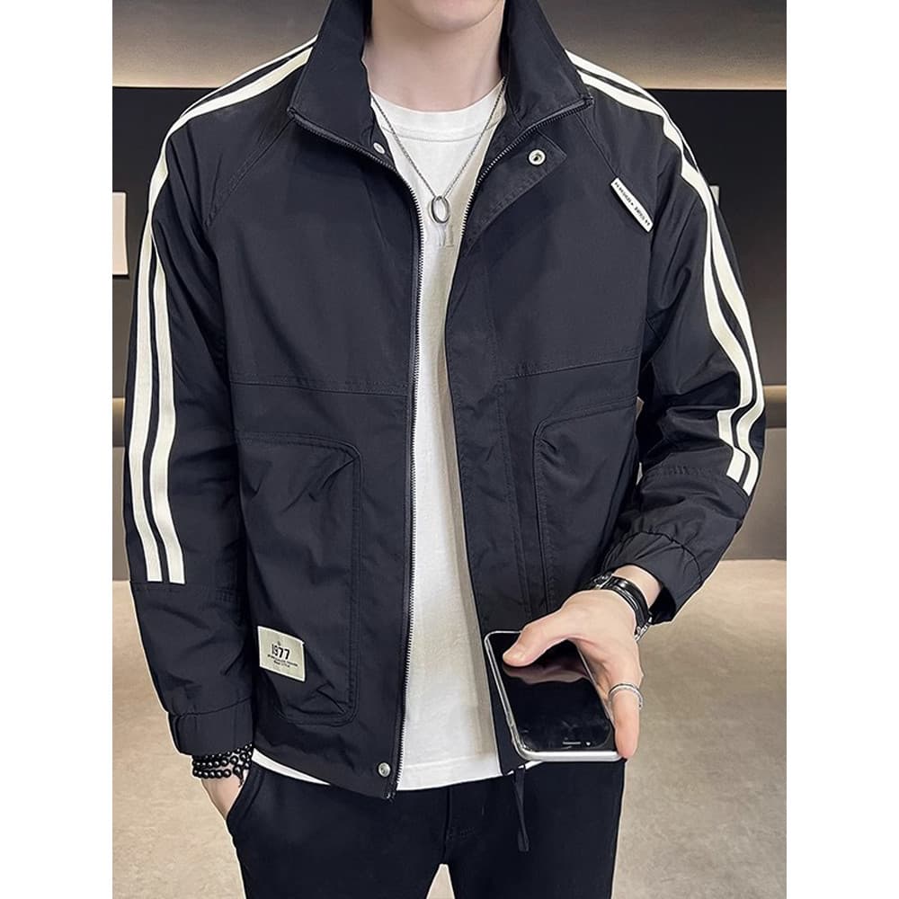Design sentido listrado gola alta jaqueta masculina primavera outono Street Wear rufião bonito macacão jaqueta masculina