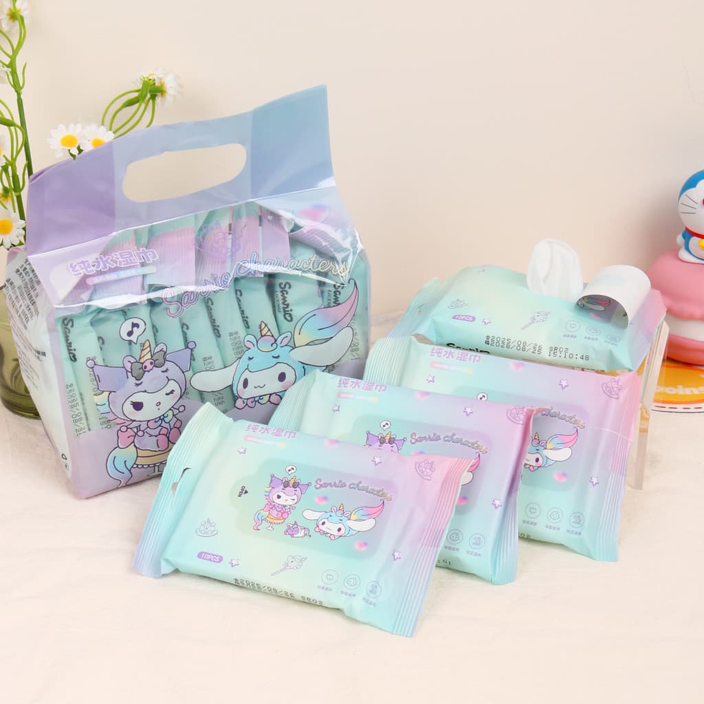 Lenços umedecidos Kuromi autorizados genuínos, lenços umedecidos dedicados para boca de mão de bebê, bolsa pequena, port