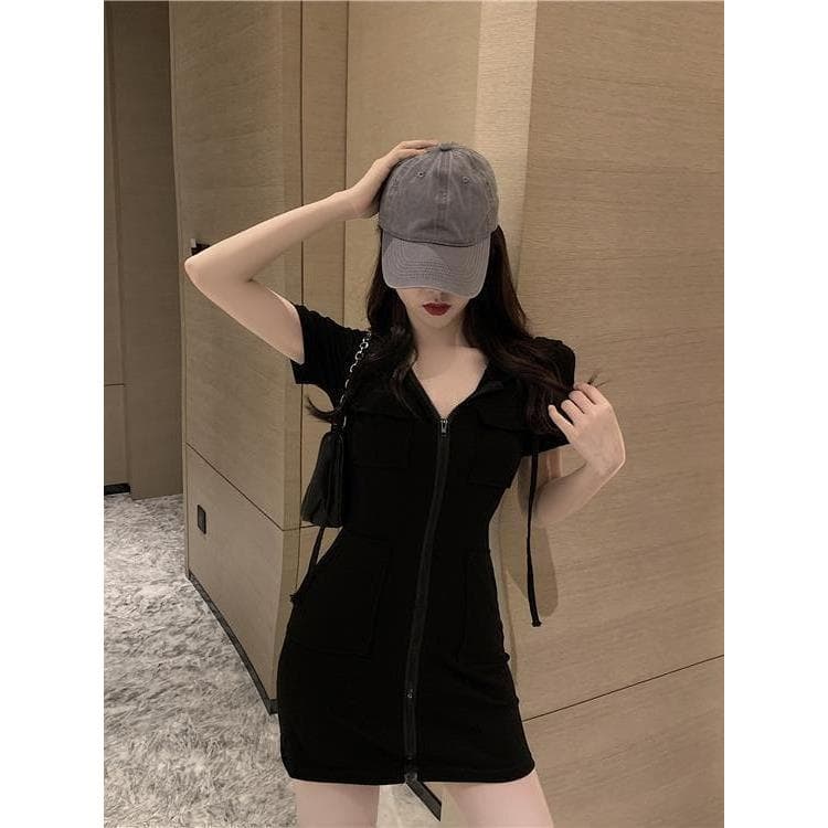 Moda Casual vestido feminino vestido de verão comprimento médio manga curta magro-ajuste mais magro olhar com capuz cami