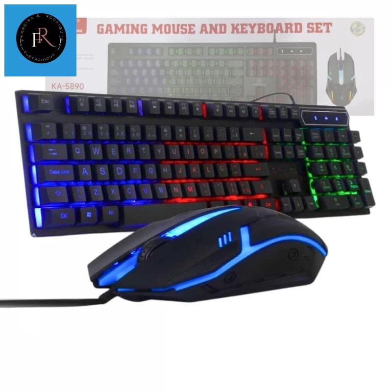 Kit Teclado e Mouse Gamer LED RGB Semi Mecânico - Preto com Luz KA-5890