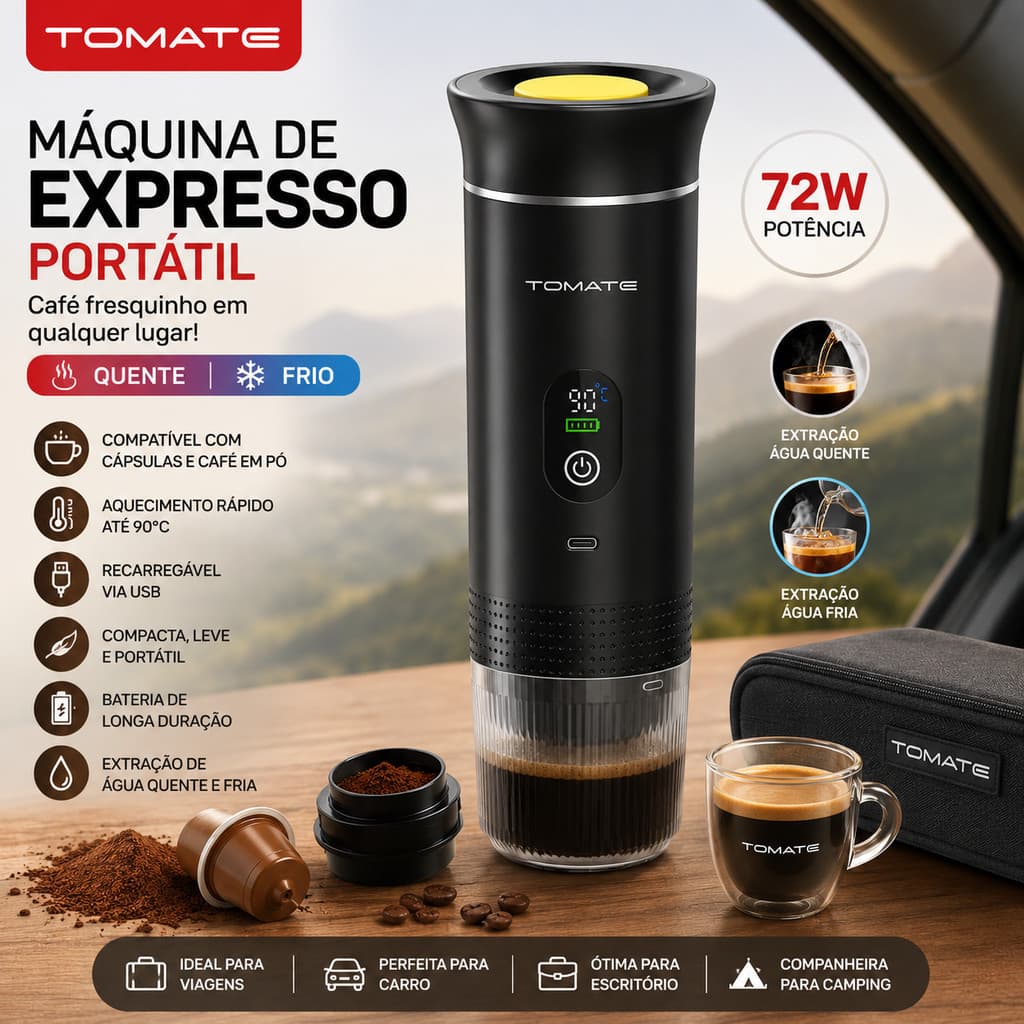 Máquina de Café Expresso Portátil TOMATE 72W Recarregável USB | Cafeteira Elétrica Quente e Fria Compatível com Cápsulas