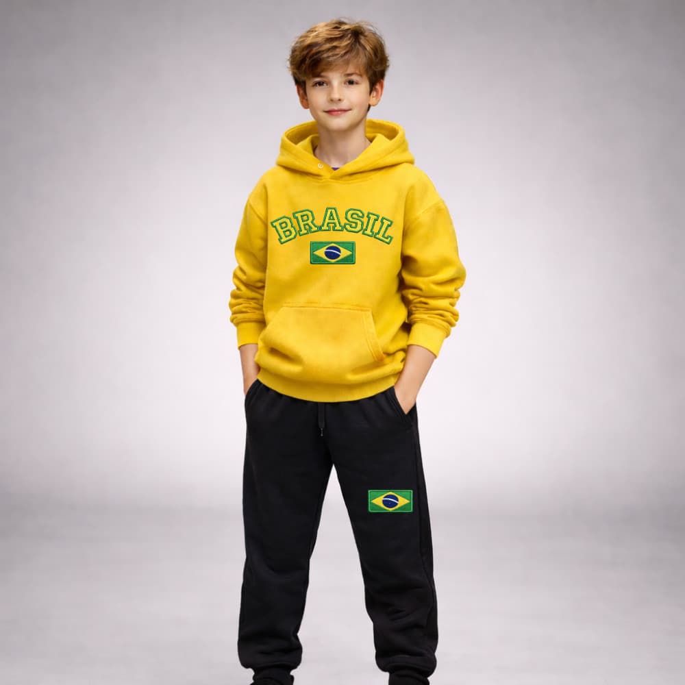 Conjunto Moletom Infantil Brasil com Capuz Estampa  Calça Moletom varias cores azul amarelo
