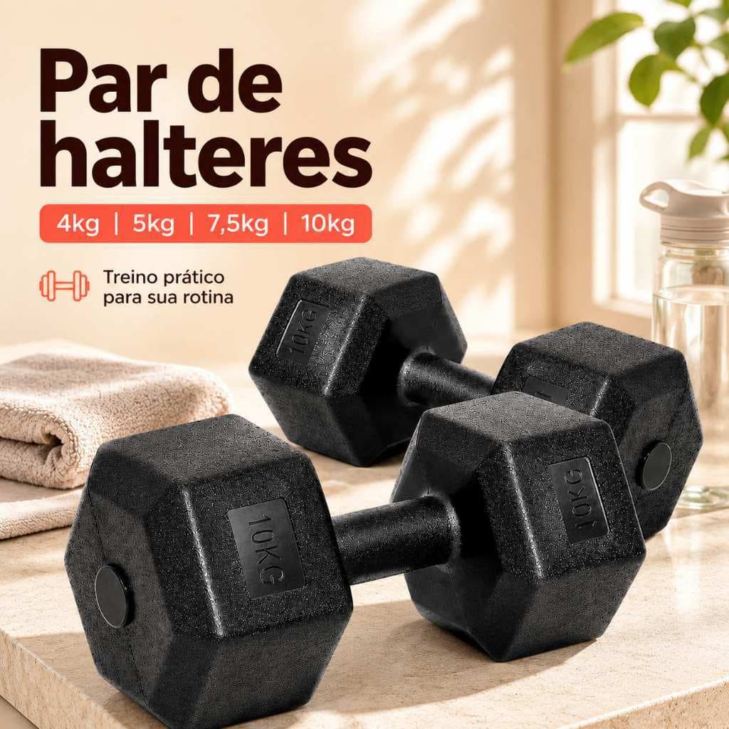Um par de halteres hexagonais, com pesos de 4 kg a 10 kg, ideais para treinos em casa e na academia