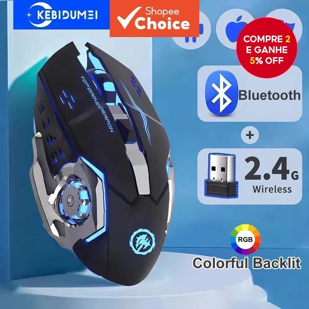  Mouse sem fio 2.4G, mouse gamer Bluetooth, ABS, clique silencioso, DPI ajustável, luz RGB, durável para jogos de PC e