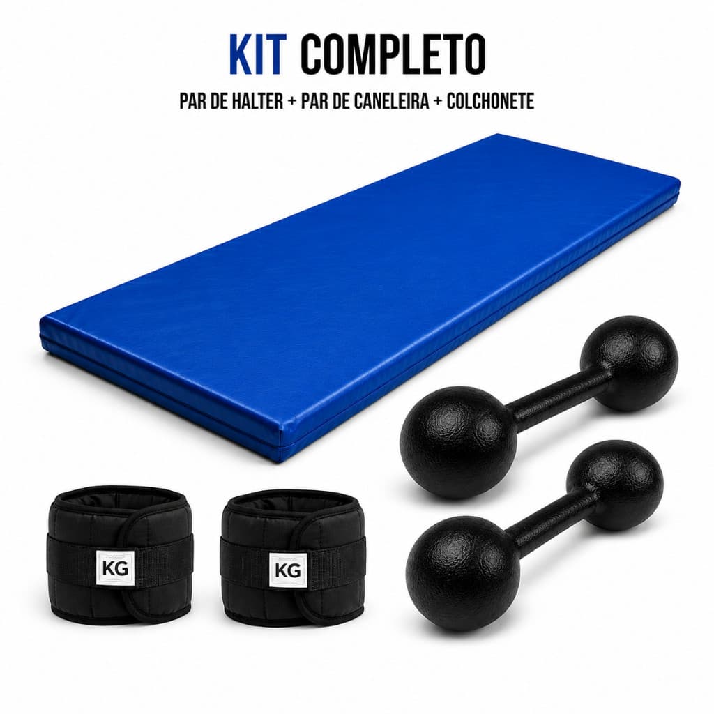 KIT FITNESS COMPLETO COLCHONETE AZUL + PAR 1KG HALTER  BOLA + PAR 1KG CANELEIRA PRETO | TREINO EM CASA OU ACADEMIA TL