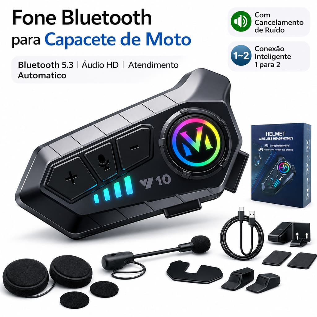 Intercomunicador Fone de Ouvido Bluetooth para Capacete Moto com RGB e Microfone
