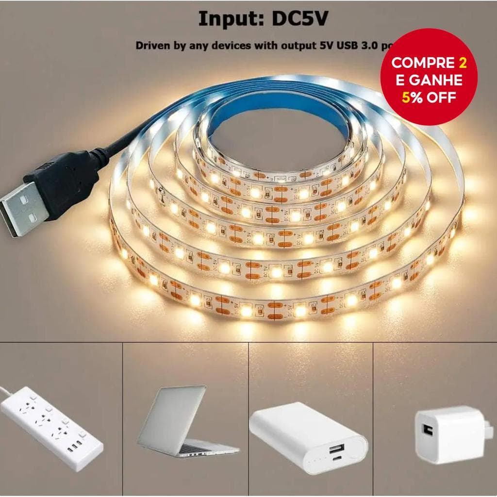 Fita de LED 2835 USB 5V – Luz Branca Quente e Fria para Iluminação Ambiental de TV, Decoração de Casa – Luminária
