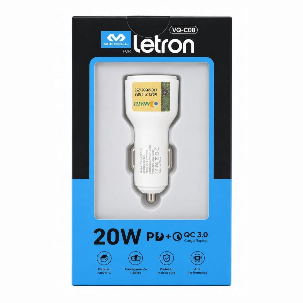 Carregador Veicular Letron Portas 1 Tipo C 1 Usb - 3A - Branco Vq-C08