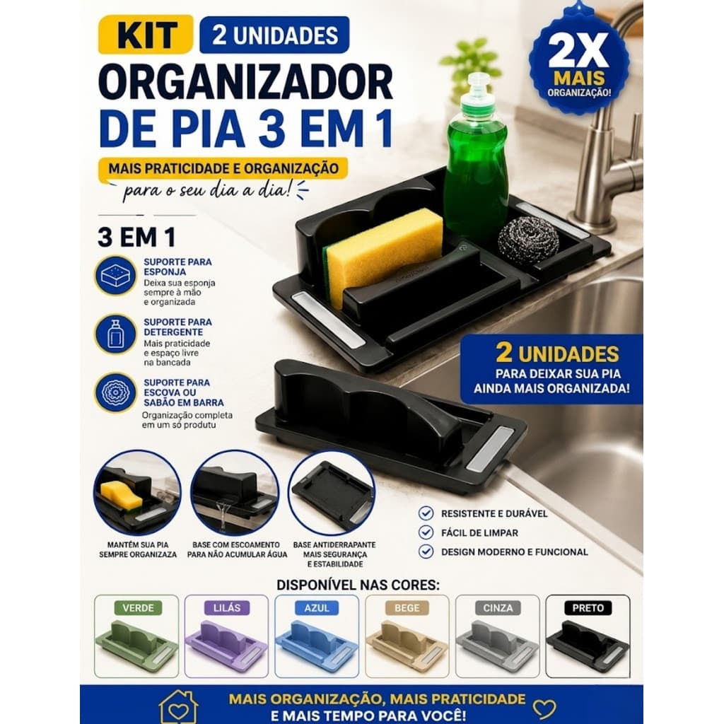 KIT 2 Unidades Suporte Organizador de Pia de Cozinha 3 em 1 Multiuso Porta Detergente Esponja e Sabão AmpePlast