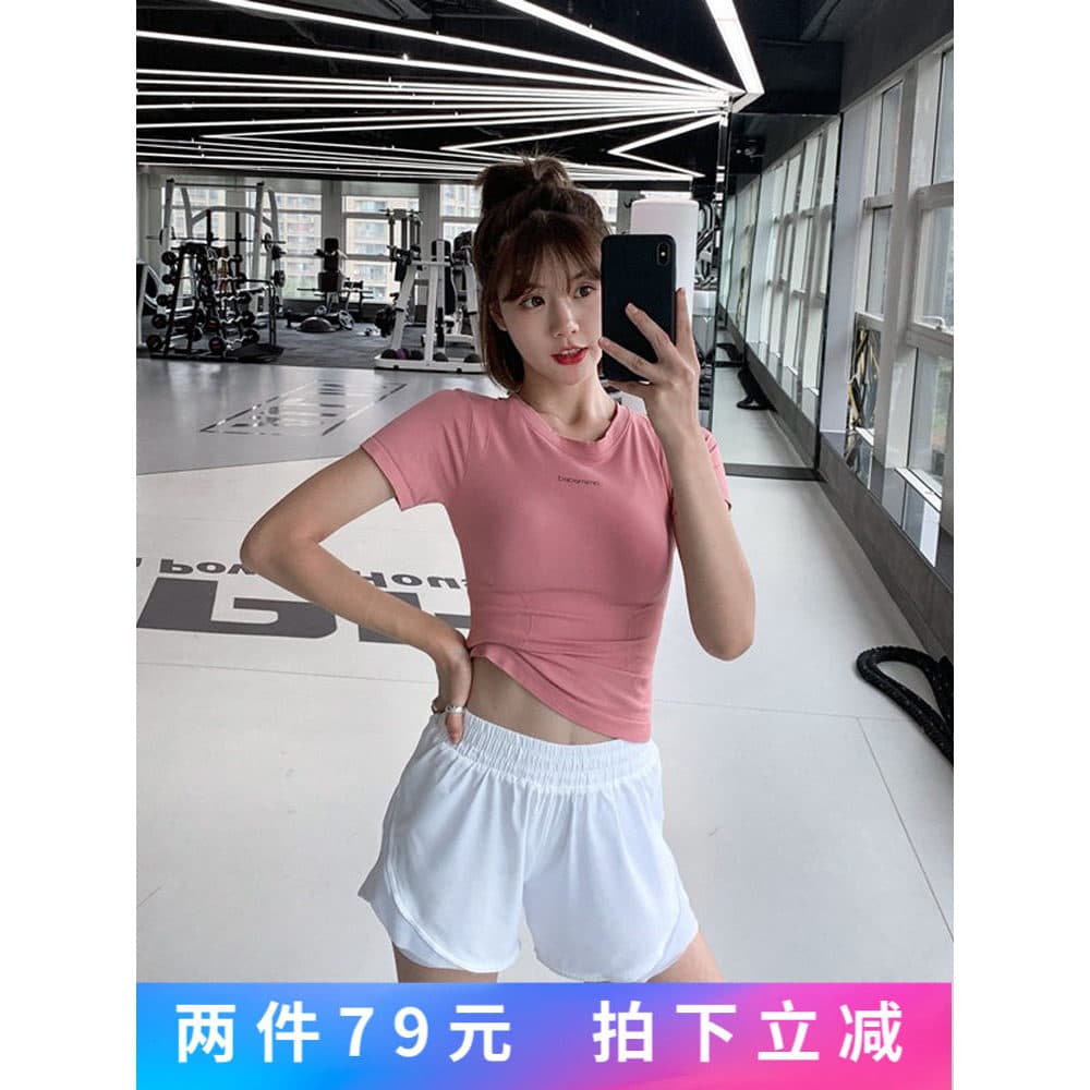 Camiseta esportiva feminina de manga curta ins na moda influenciador roupas de Fitness mais magro olhar correndo collant