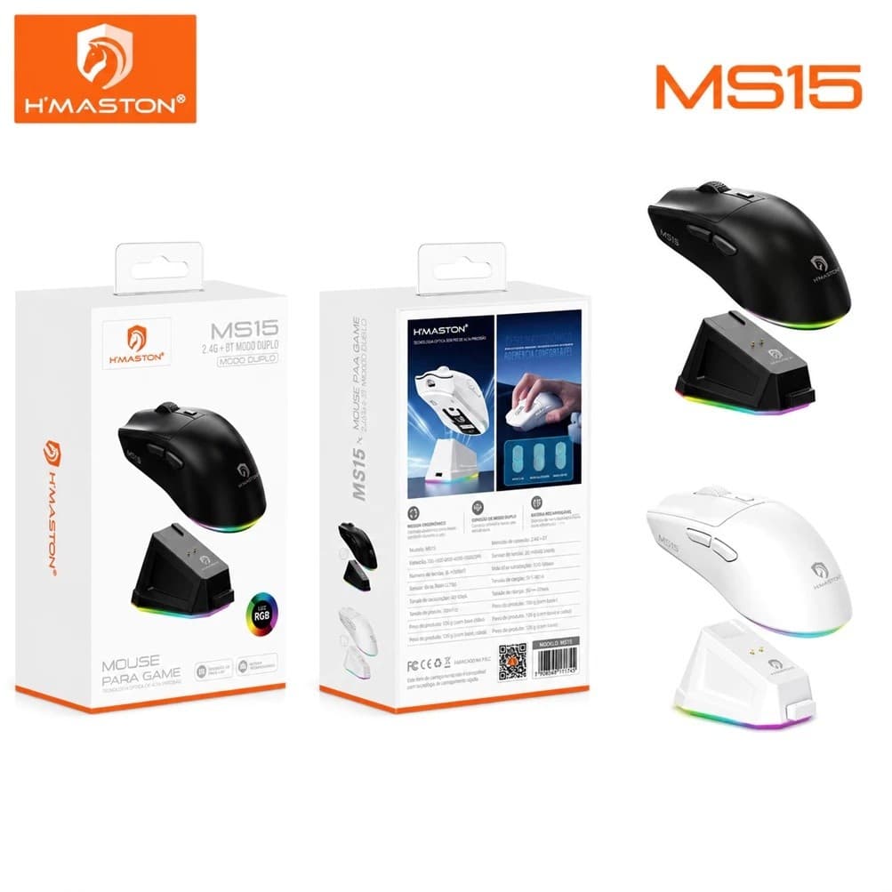 Mouse Gamer Sem Fio H’Maston MS15 RGB Dual Mode com Base de Carregamento