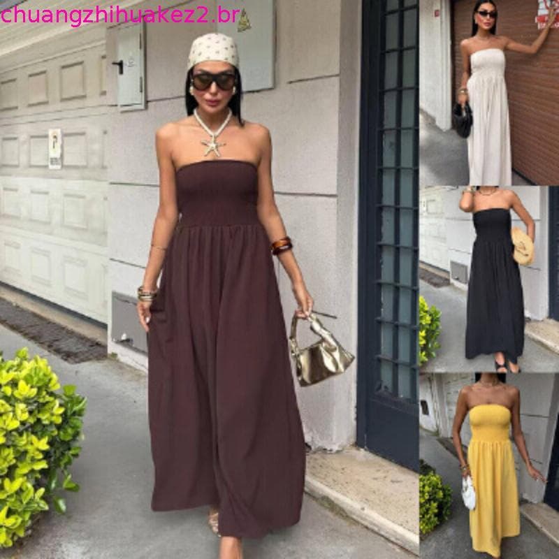 Novo Modelo de Vestido: Vestido Longo Feminino Tomara que Caia Tomara que Caia de Cor Sólida com Cintura Marcada para o 